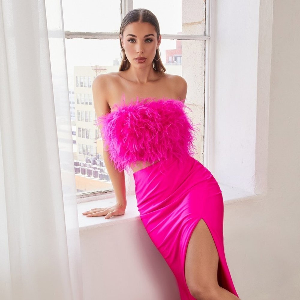 NEW LONG OFF SHOULDER EMBROIDERED FEATHERS TWO-PIECE DRESS WITH LEG SLIT CD C141